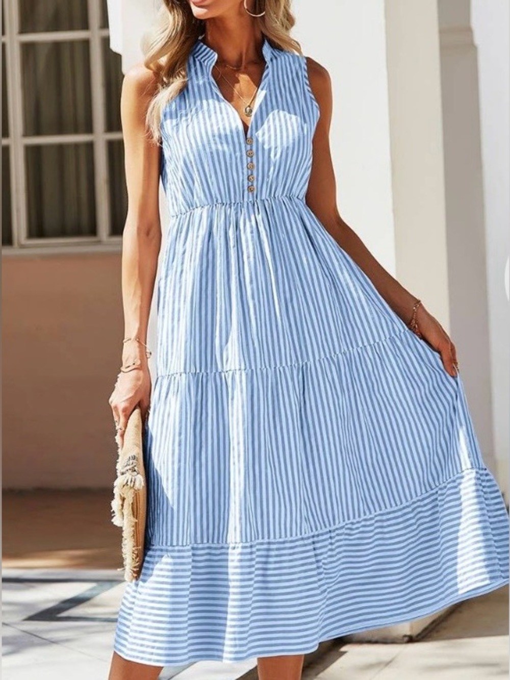 0253. Sleeveless Blue Stripe Tiered Midi Dress - Picture 2 of 3